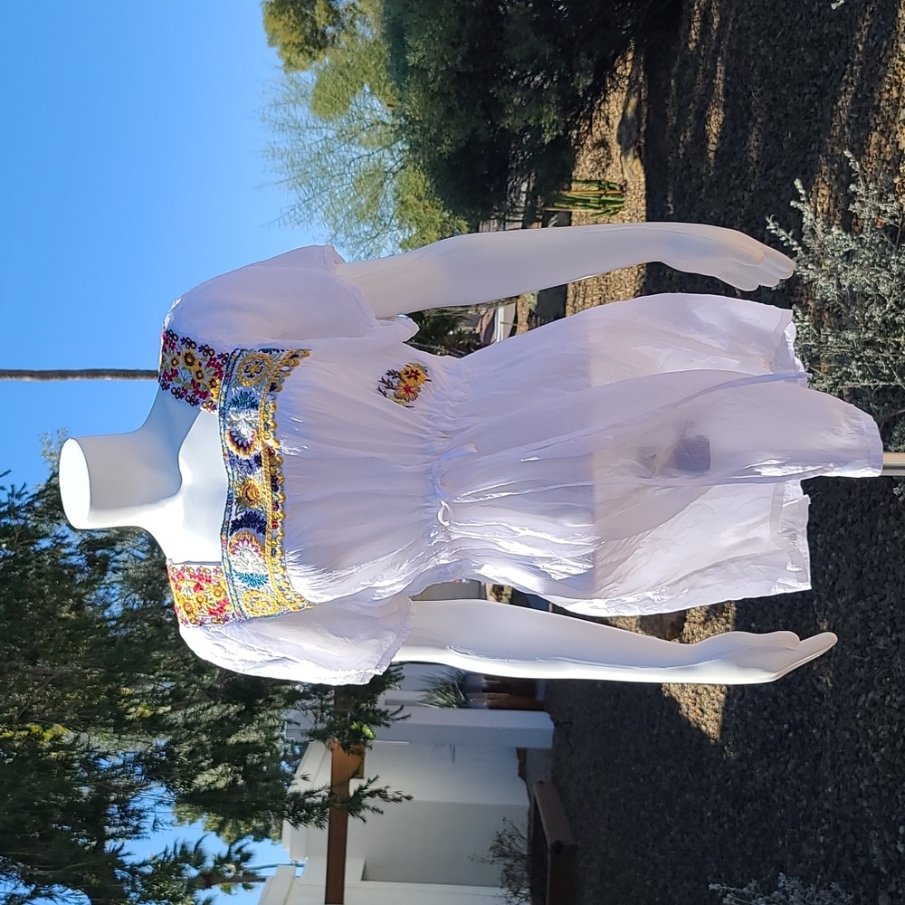 JOHNNY WAS ANTHRO White Embroidered Cotton Mini Dress M Boho Cover Up Mexico - Picture 15 of 17